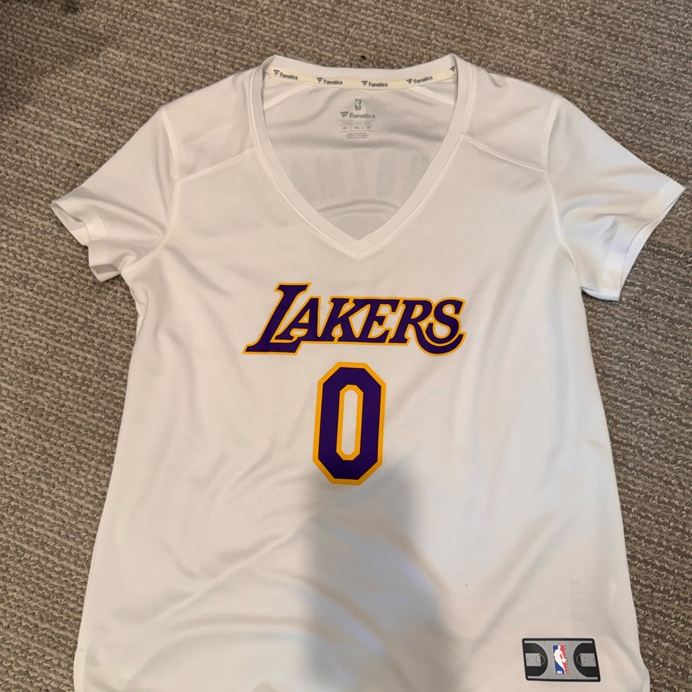 Fanatics White Lakers V-Neck Tee with Purple and Gold Graphics